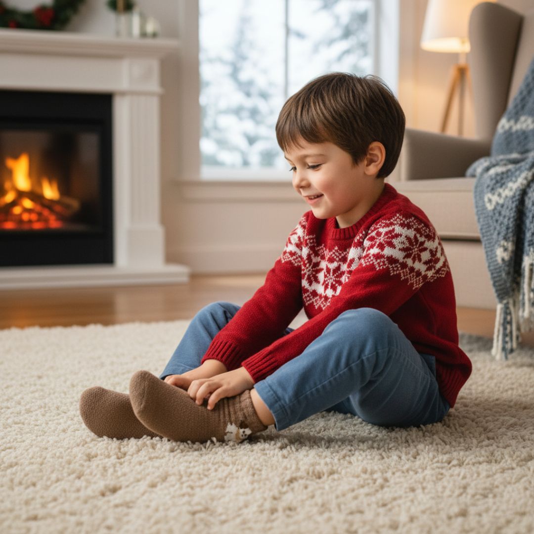 Warm Cocoa Brown Kids Winter Woolen Terry Socks with Puppy Design - Image 3