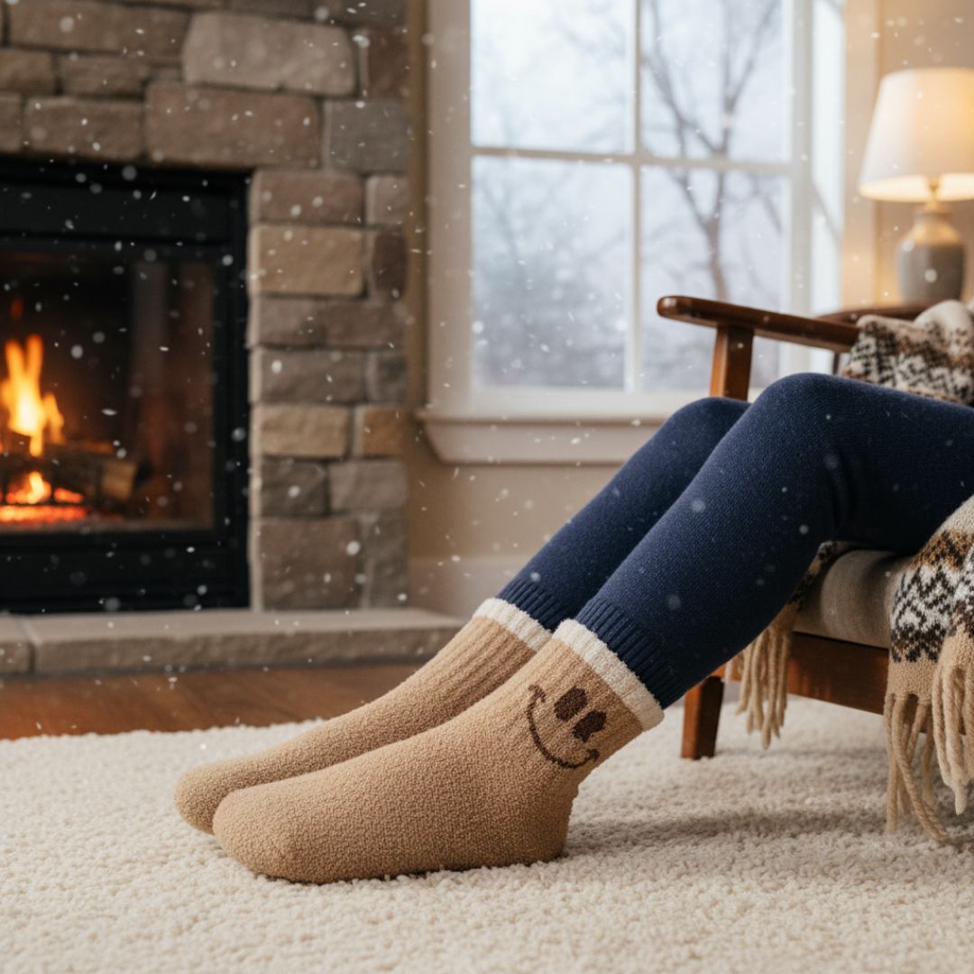 Brown Kids Winter Terry Socks with Smiley Design | Warm & Soft Woolen Socks - Image 4