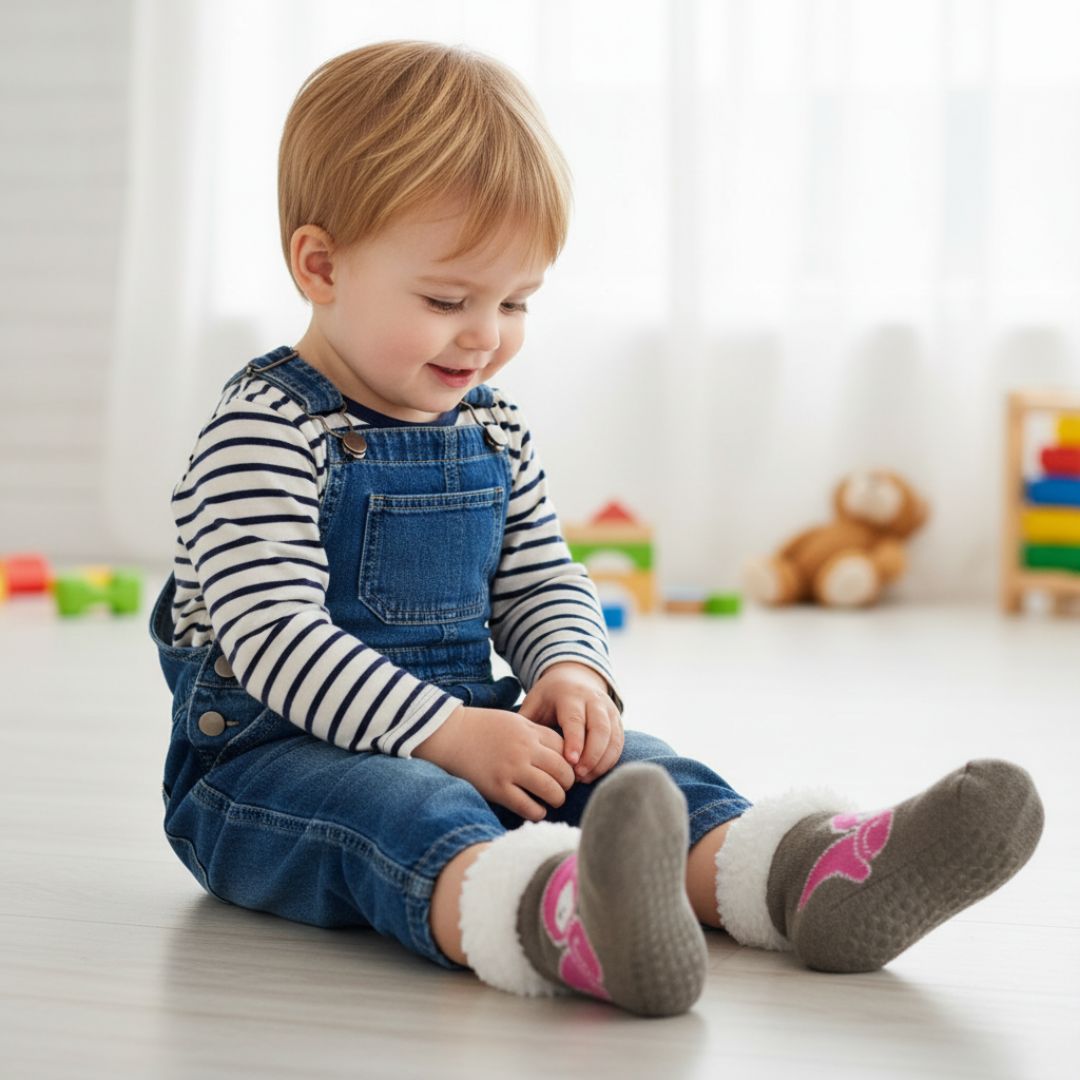 Grey & Pink Cartoon Woolen Kids Winter Socks (3–4 Years) with Fur Cuff - Image 4