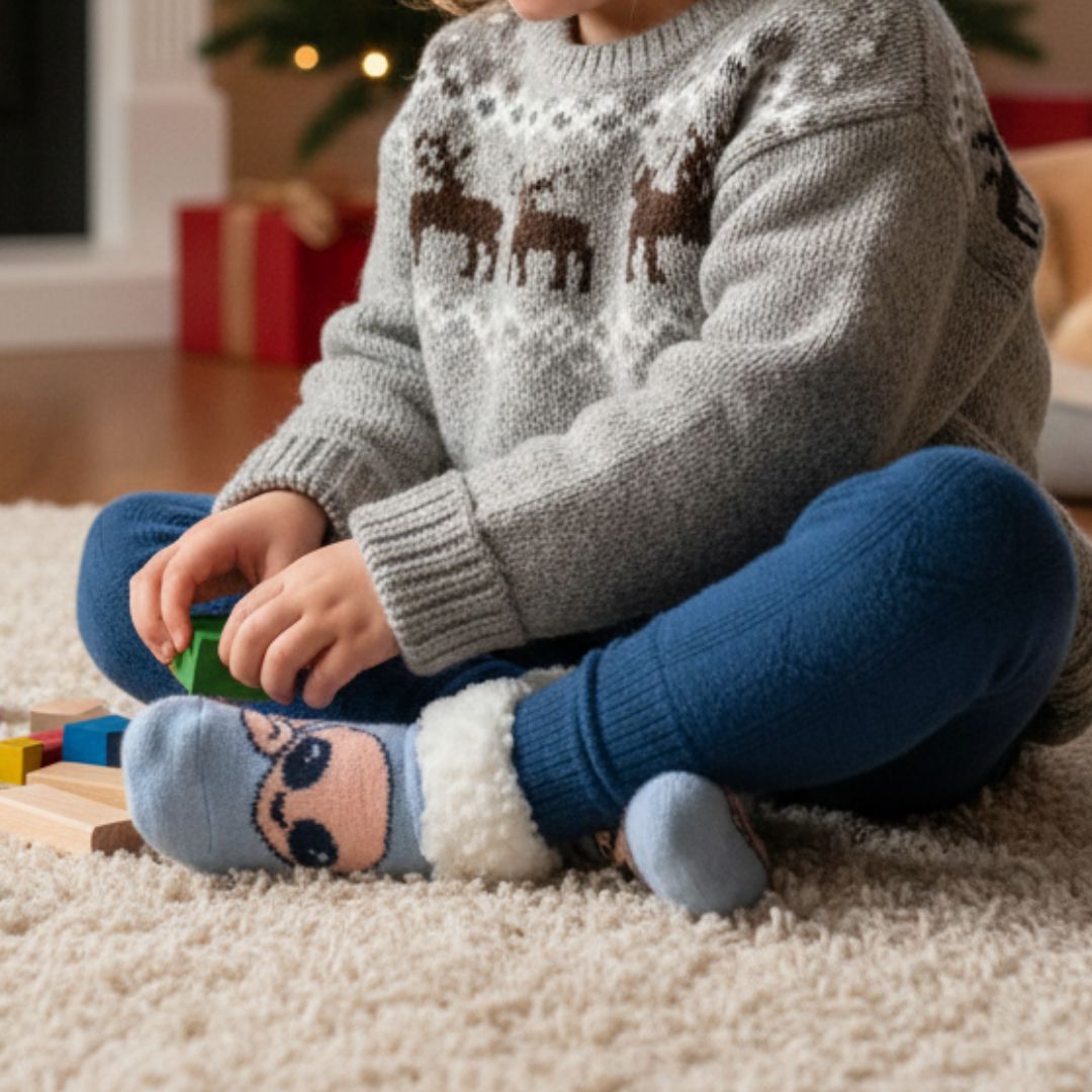 Blue Kids Winter Socks with Cute Face Design & Soft Fur Cuff (3–4 Years) - Image 4