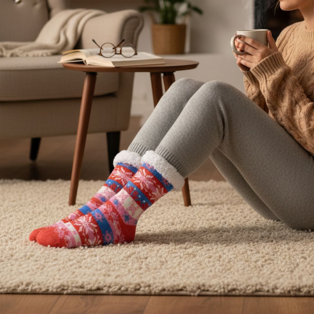 Red & Pink Women Winter Home Socks with White Fur Cuff – Warm & Cozy Indoor Socks - Image 4