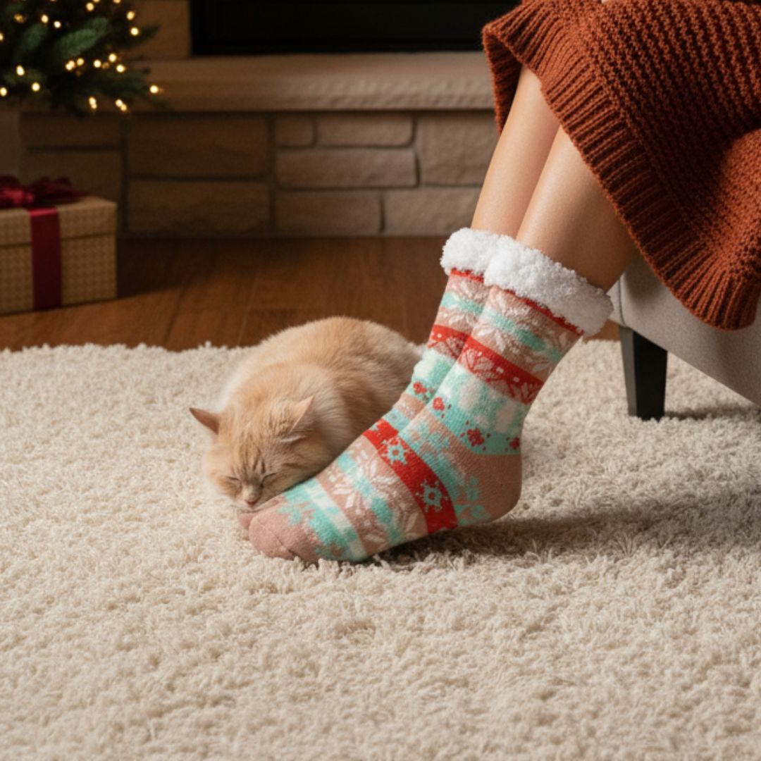 Mint Green, Peach & Red Women Winter Home Socks with White Fur Cuff – Cozy Warm Indoor Socks - Image 4