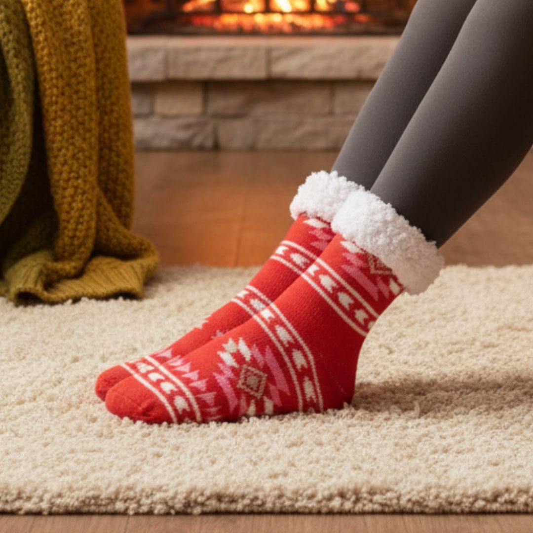 Red & White Women Winter Home Socks with Fur Cuff – Warm Cozy Indoor Socks - Image 4