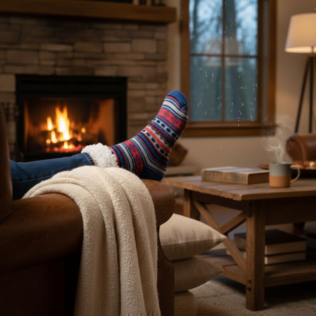 Royal Blue Alpine Solstice Sherpa-Lined Nordic Fair Isle Slipper Socks - Image 4