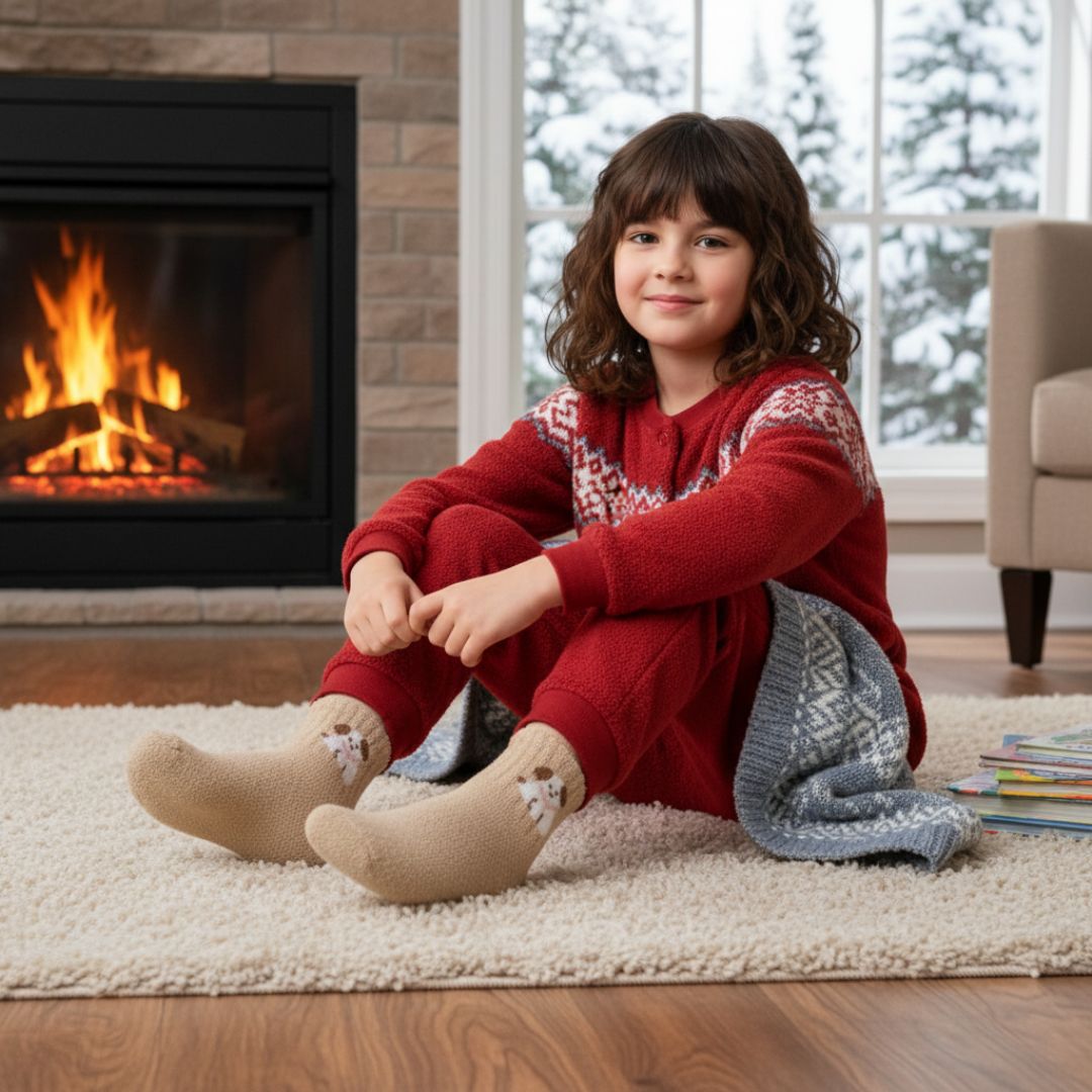 Warm Beige Kids Winter Woolen Terry Socks with Puppy Design - Image 4
