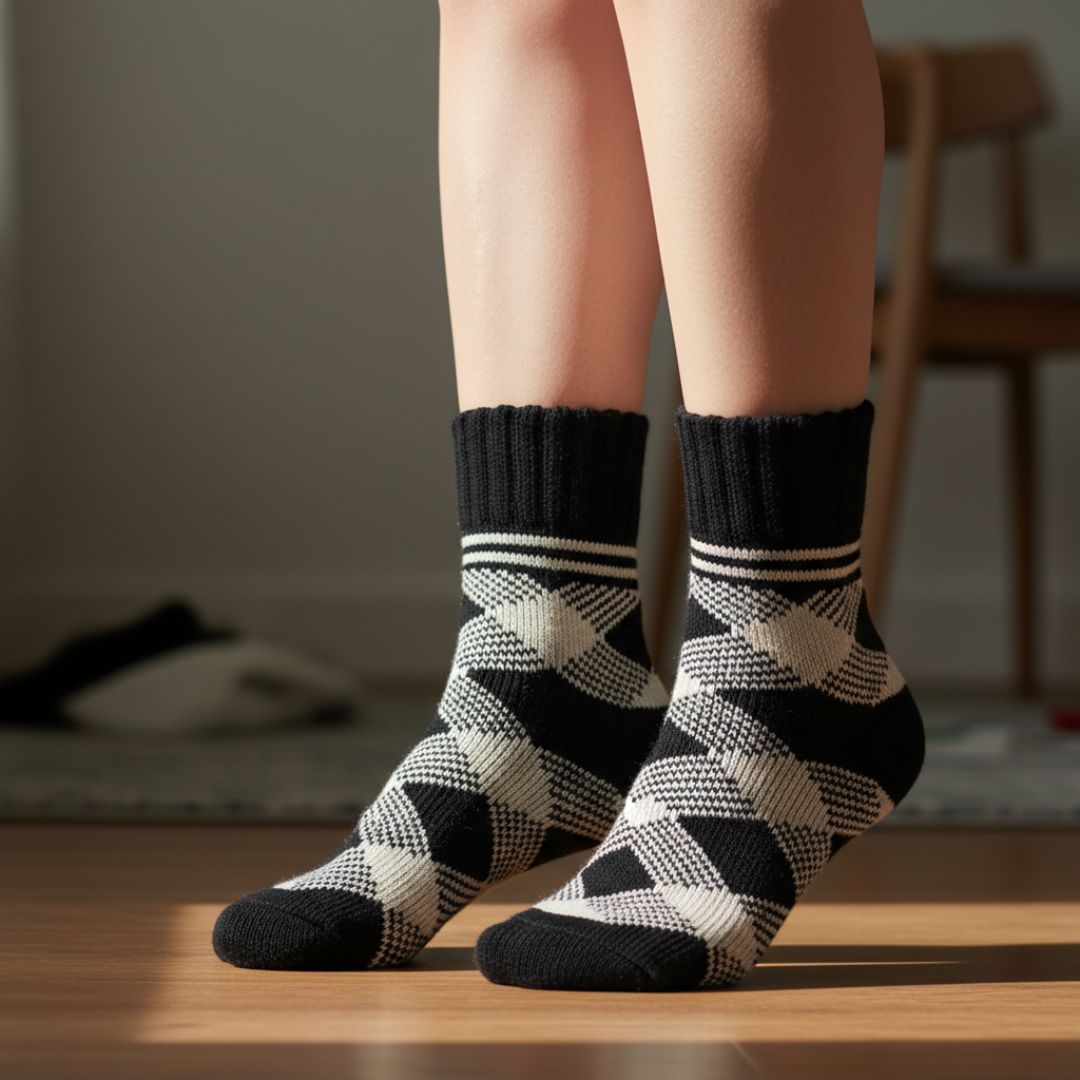 Black & White Checkered Winter Socks | Soft Knit Crew Socks - Image 3