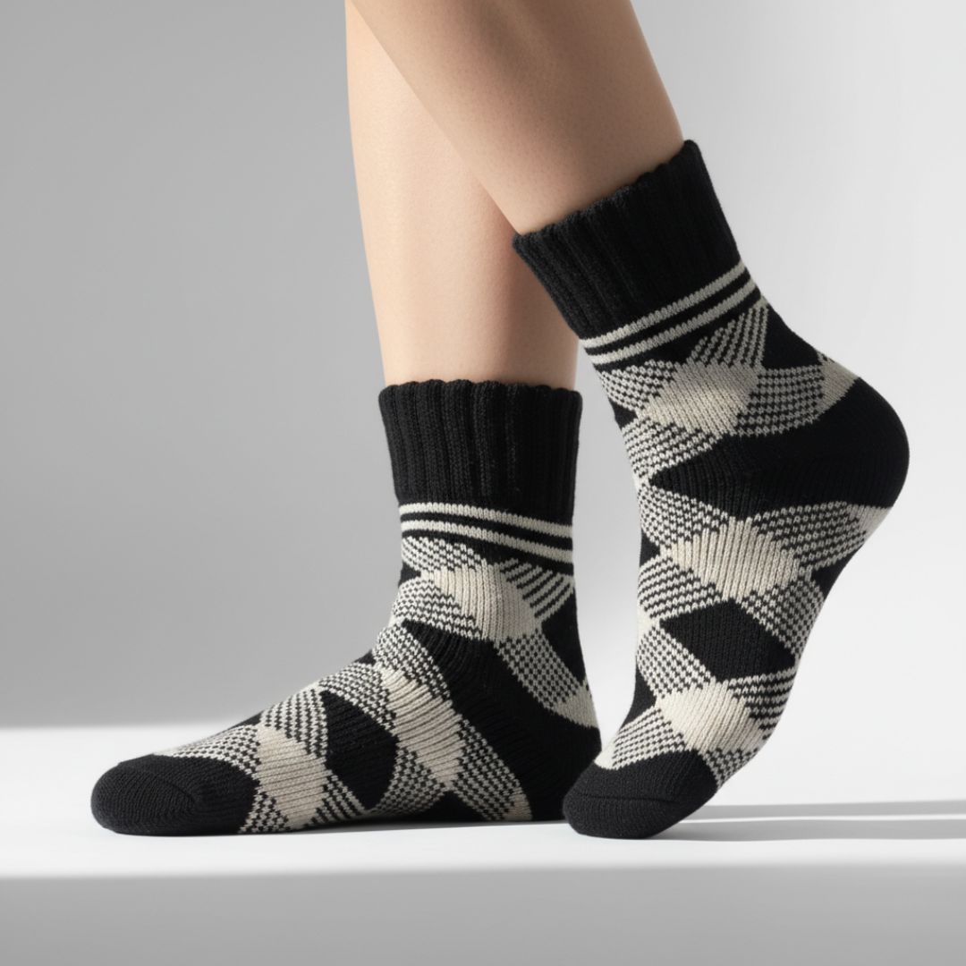 Black & White Checkered Winter Socks | Soft Knit Crew Socks