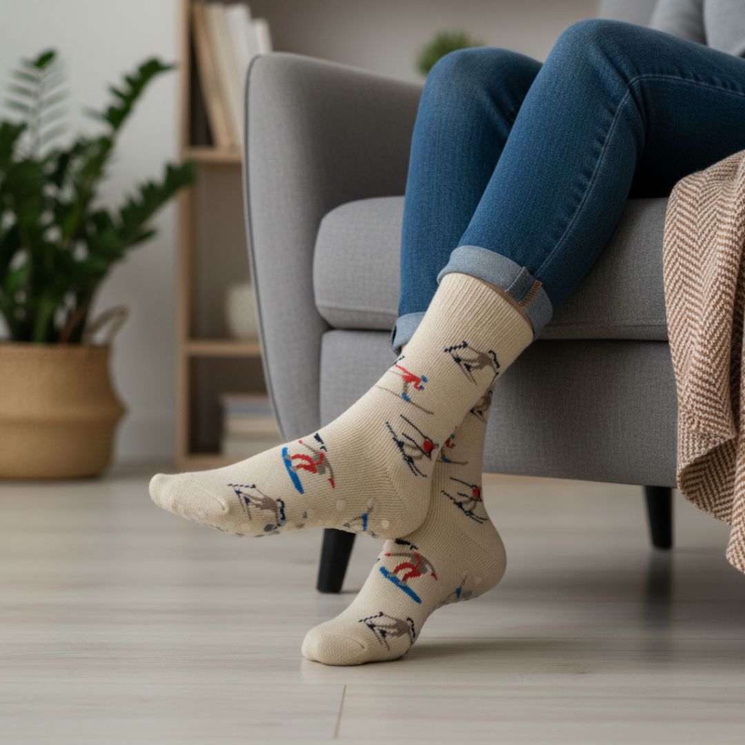 Beige Anti-Slip Crew Socks with Skater Print | Soft Cotton Grip Socks for Home & Yoga - Image 3