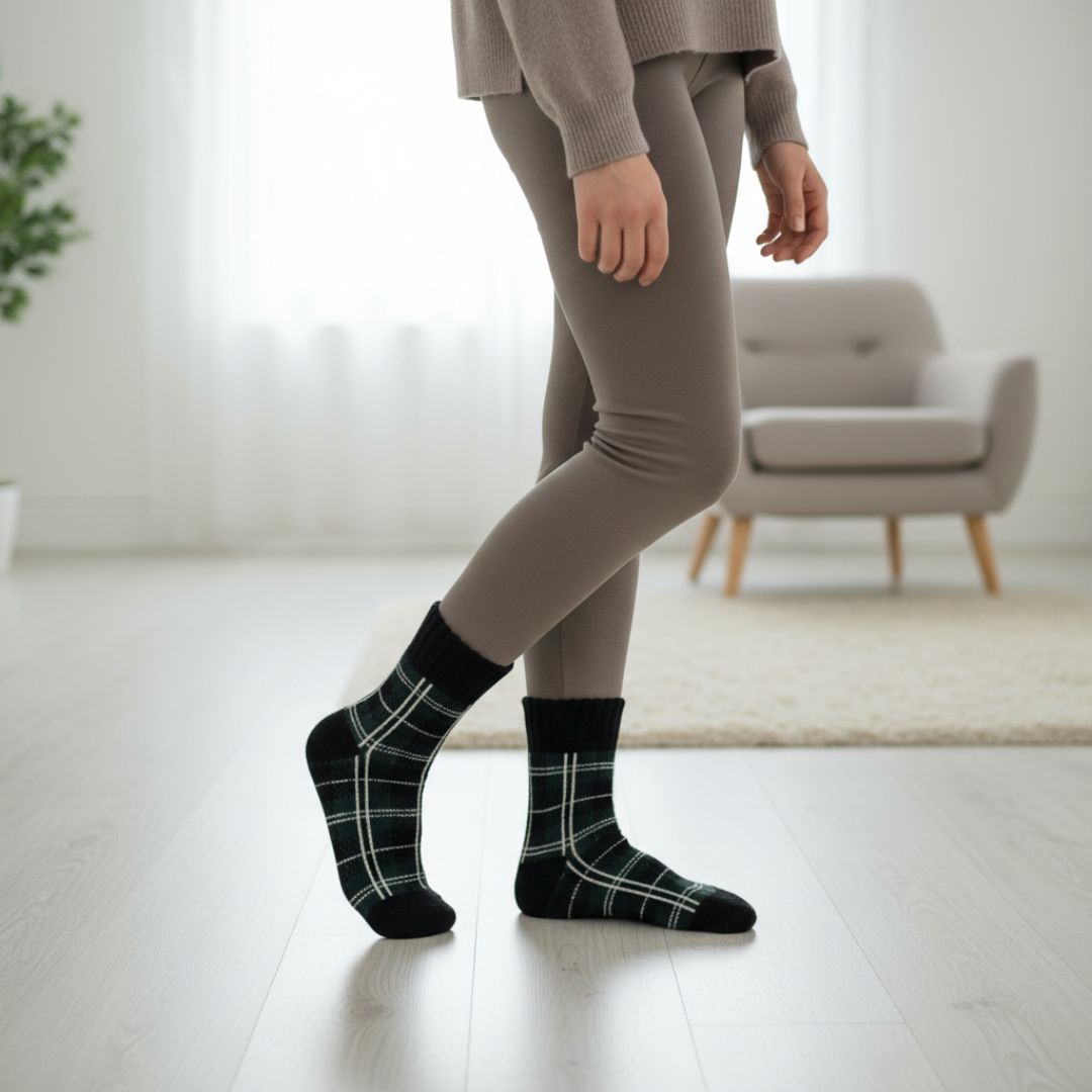Green Checkered Woolen Winter Socks | Soft Knit Thermal Socks - Image 3