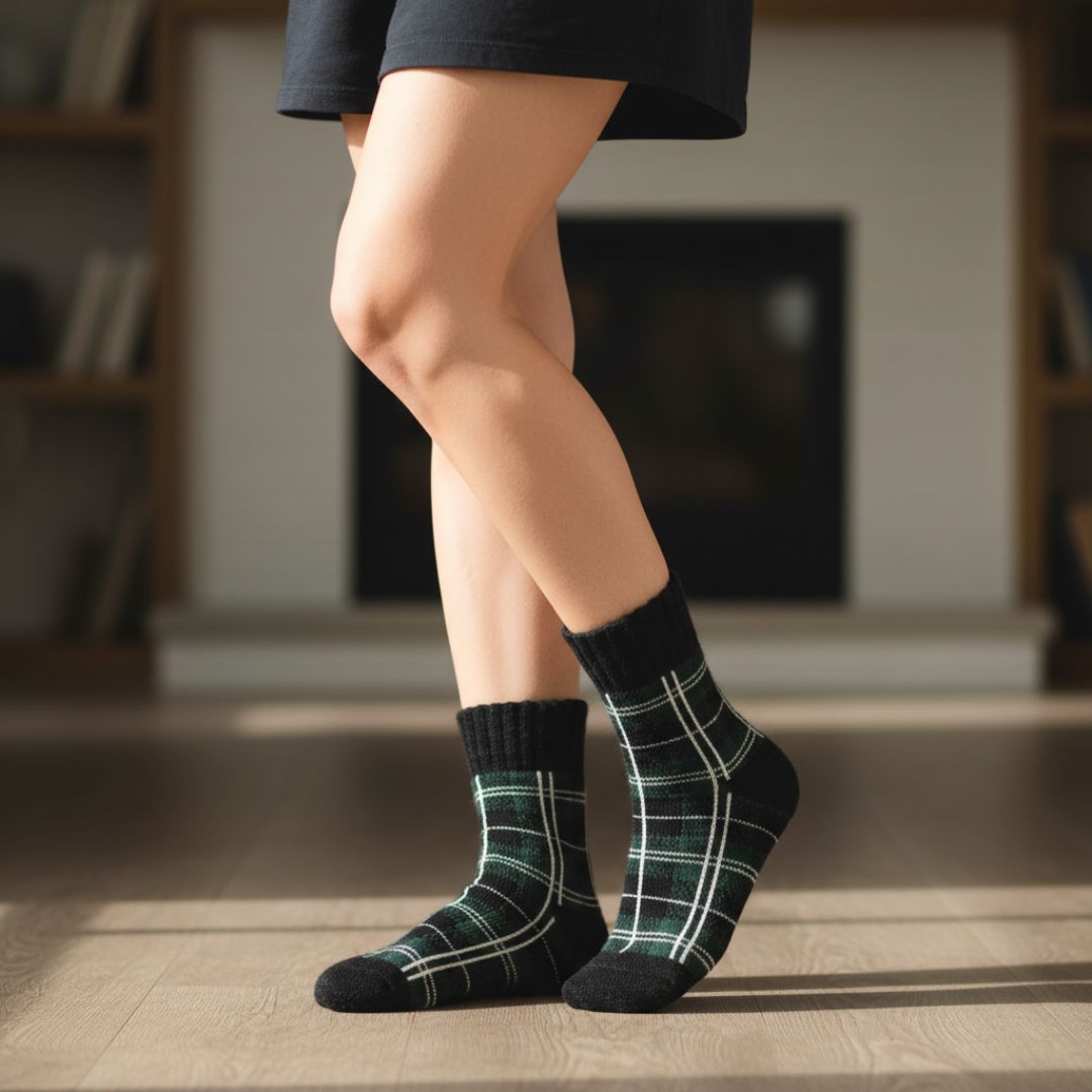 Green Checkered Woolen Winter Socks | Soft Knit Thermal Socks - Image 4