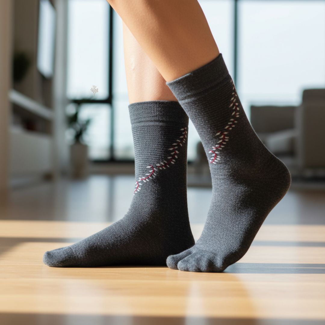 Charcoal Grey Woolen Thumb-Toe Socks with Subtle Stitch Pattern | Crew Length Soft Knit