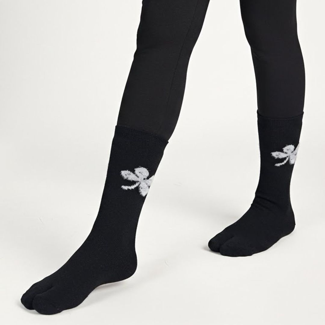 Black Woolen Thumb-Toe Socks with White Butterfly Motif | Crew Length - Image 3