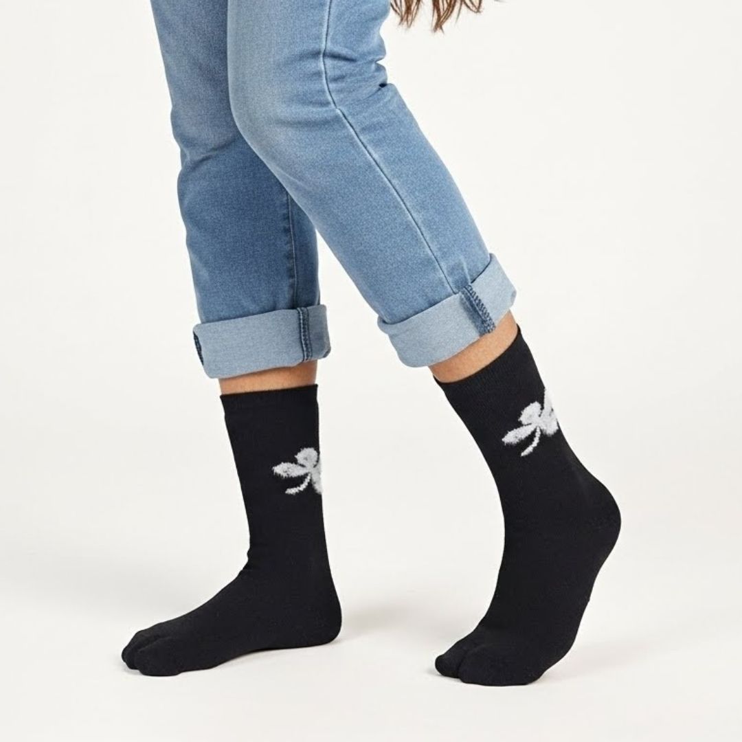 Black Woolen Thumb-Toe Socks with White Butterfly Motif | Crew Length