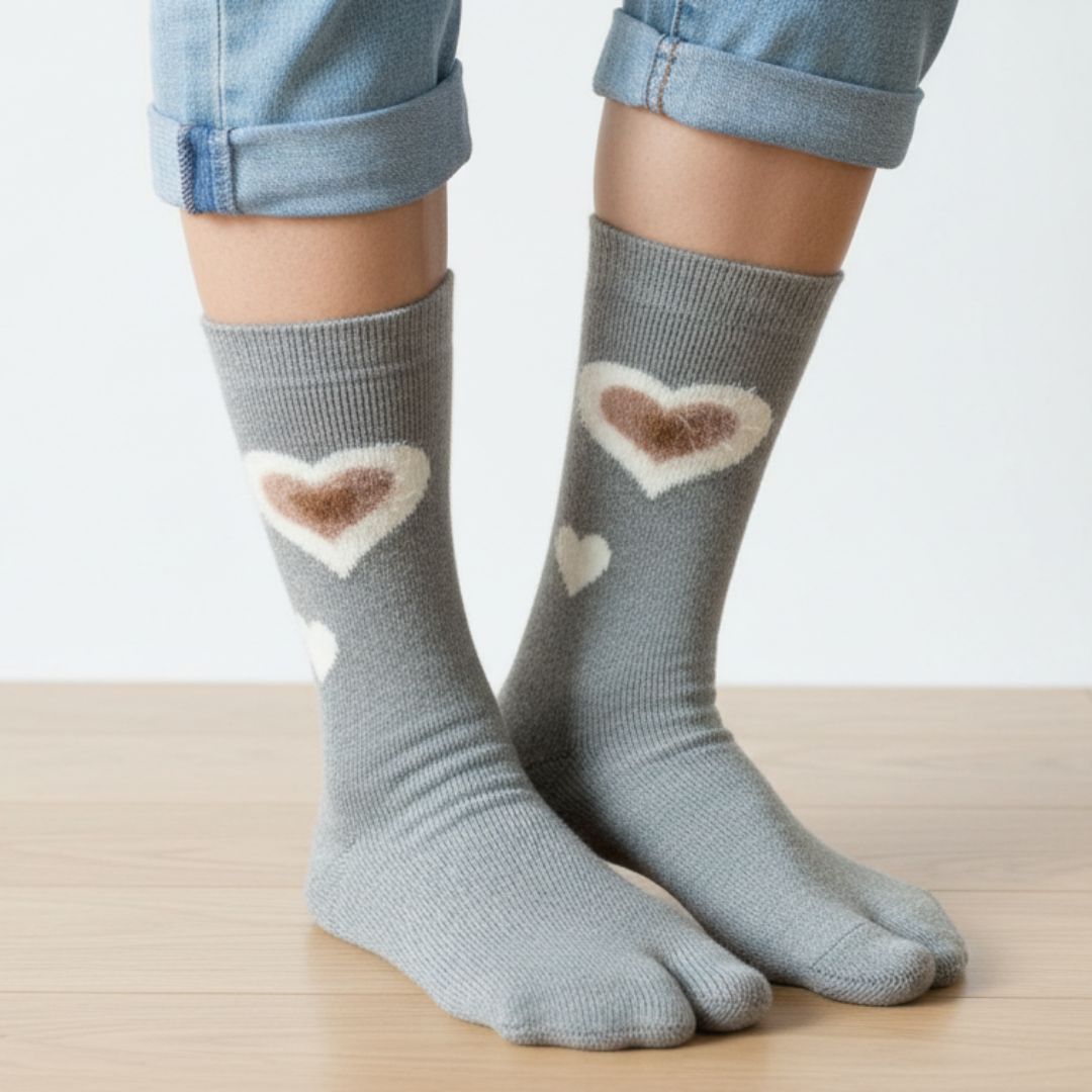 Light Grey Woolen Thumb-Toe Socks with Heart Motif | Crew Length