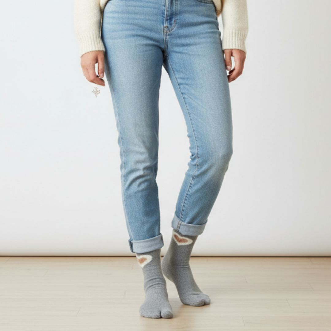 Light Grey Woolen Thumb-Toe Socks with Heart Motif | Crew Length - Image 3