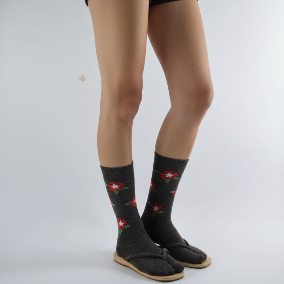 Charcoal Grey Woolen Thumb-Toe Socks with Red Floral Print | Crew Length - Image 3