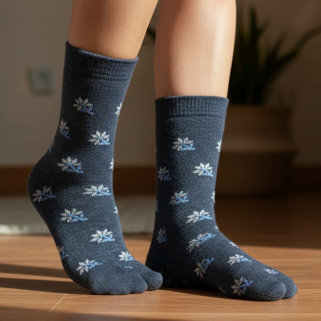 Navy Blue Floral Woolen Thumb Socks | Soft Warm Crew Socks for Daily Wear - Image 3