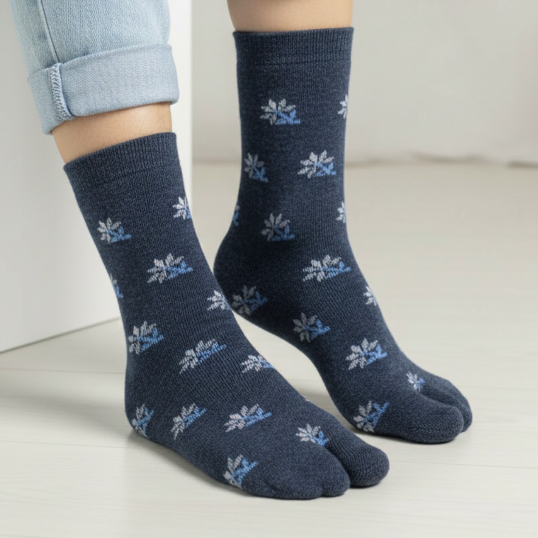 Navy Blue Floral Woolen Thumb Socks | Soft Warm Crew Socks for Daily Wear