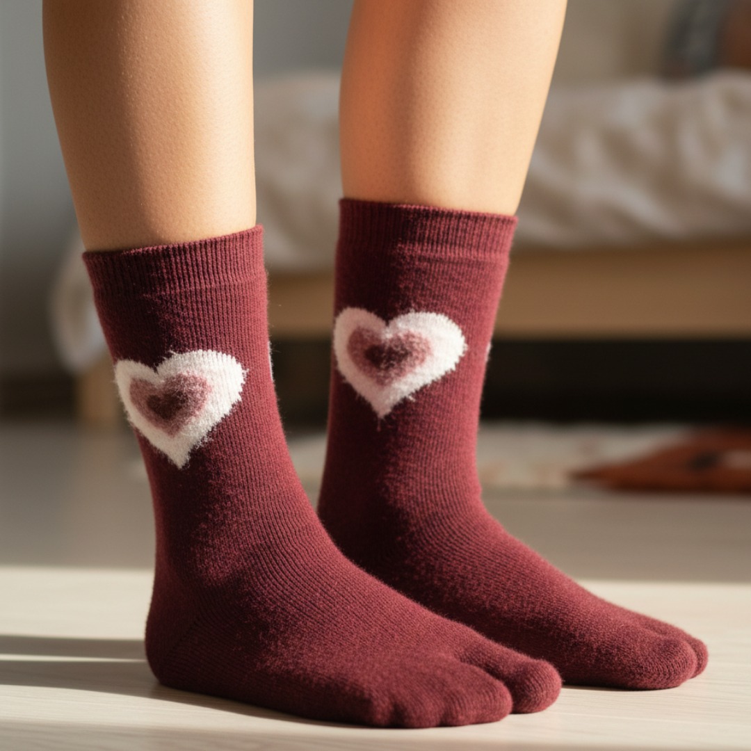 Maroon Woolen Thumb Socks with Furry Heart Patch | Crew-Length Soft Socks