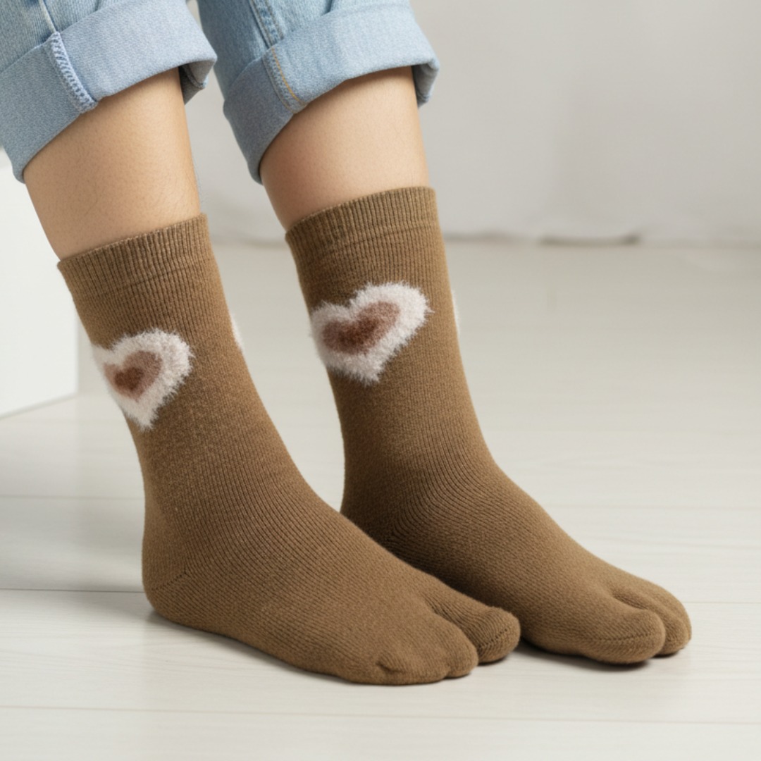 Brown Woolen Thumb Socks with Furry Heart Patch | Crew-Length Warm Socks