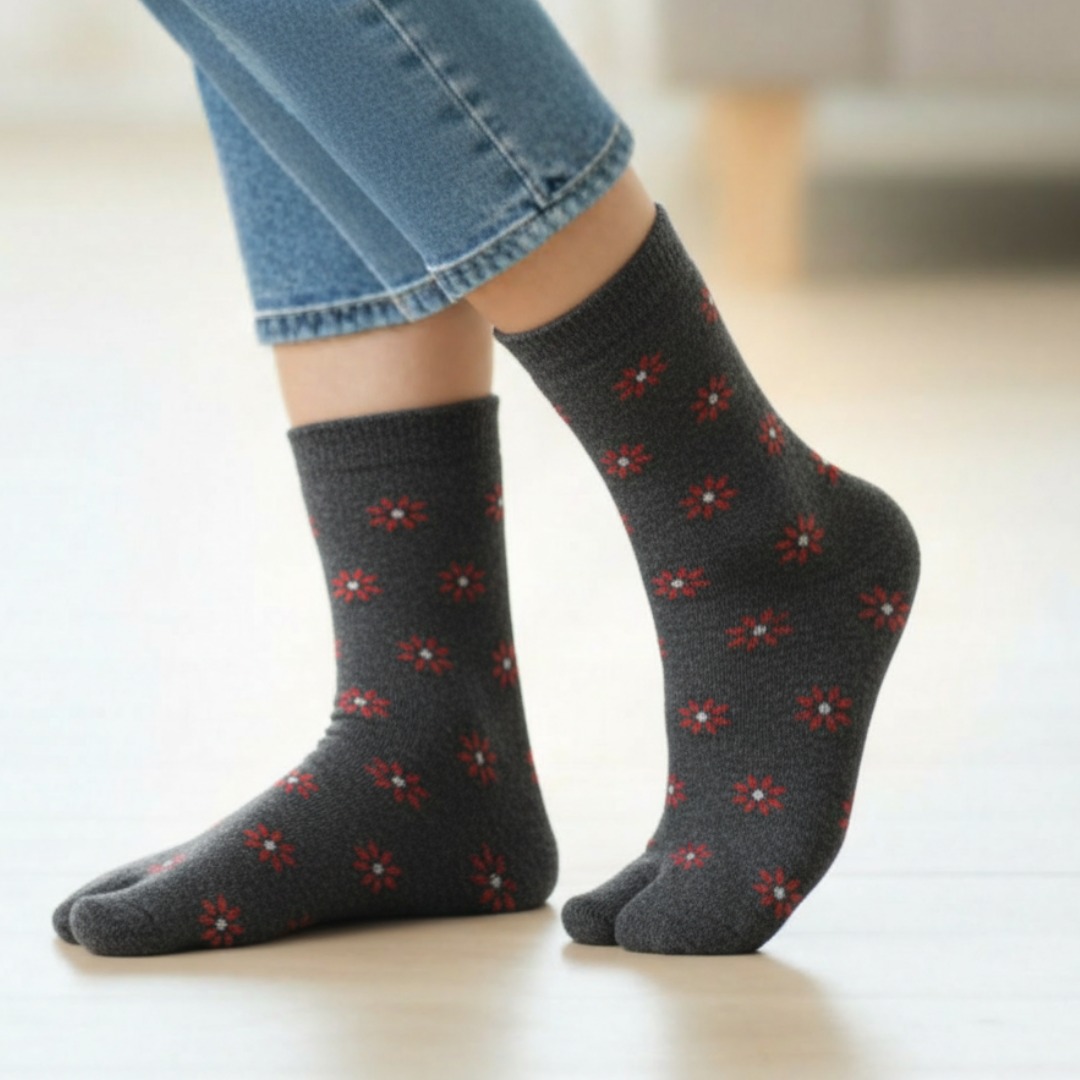 Dark Grey Woolen Thumb Toe Socks with Red Floral Motif | Crew Length