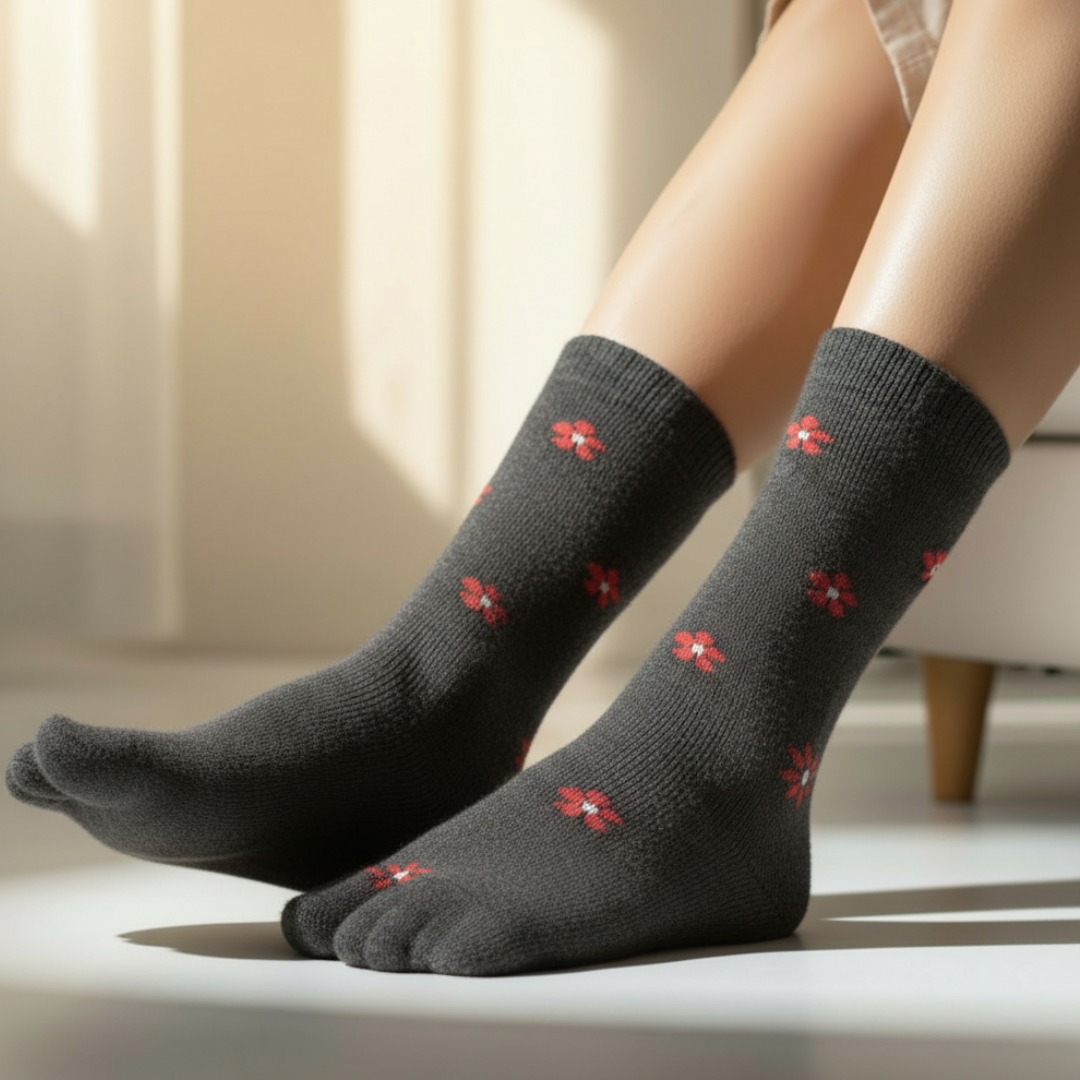 Dark Grey Woolen Thumb Toe Socks with Red Floral Motif | Crew Length - Image 3