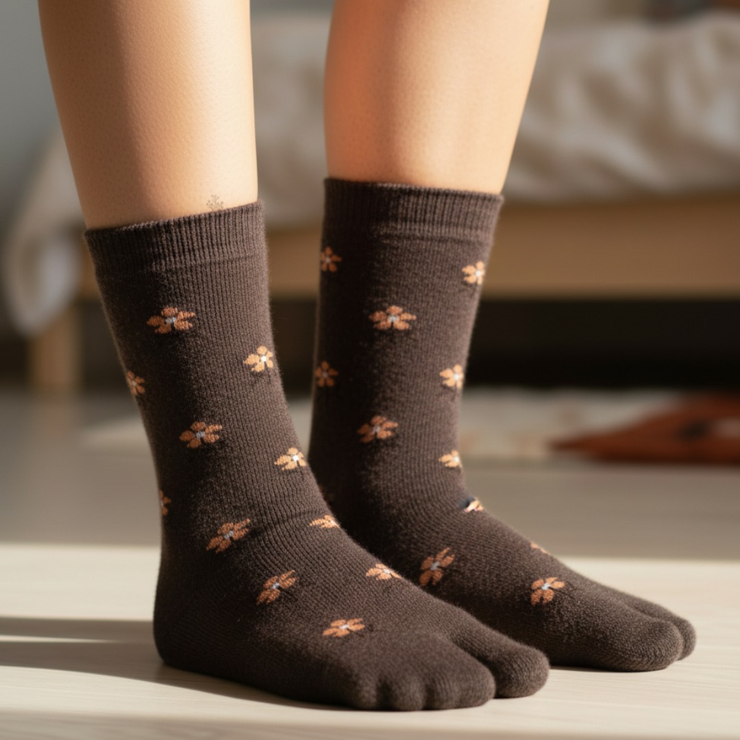 Brown Woolen Thumb Toe Socks | Crew-Length Soft Knit Socks - Image 3