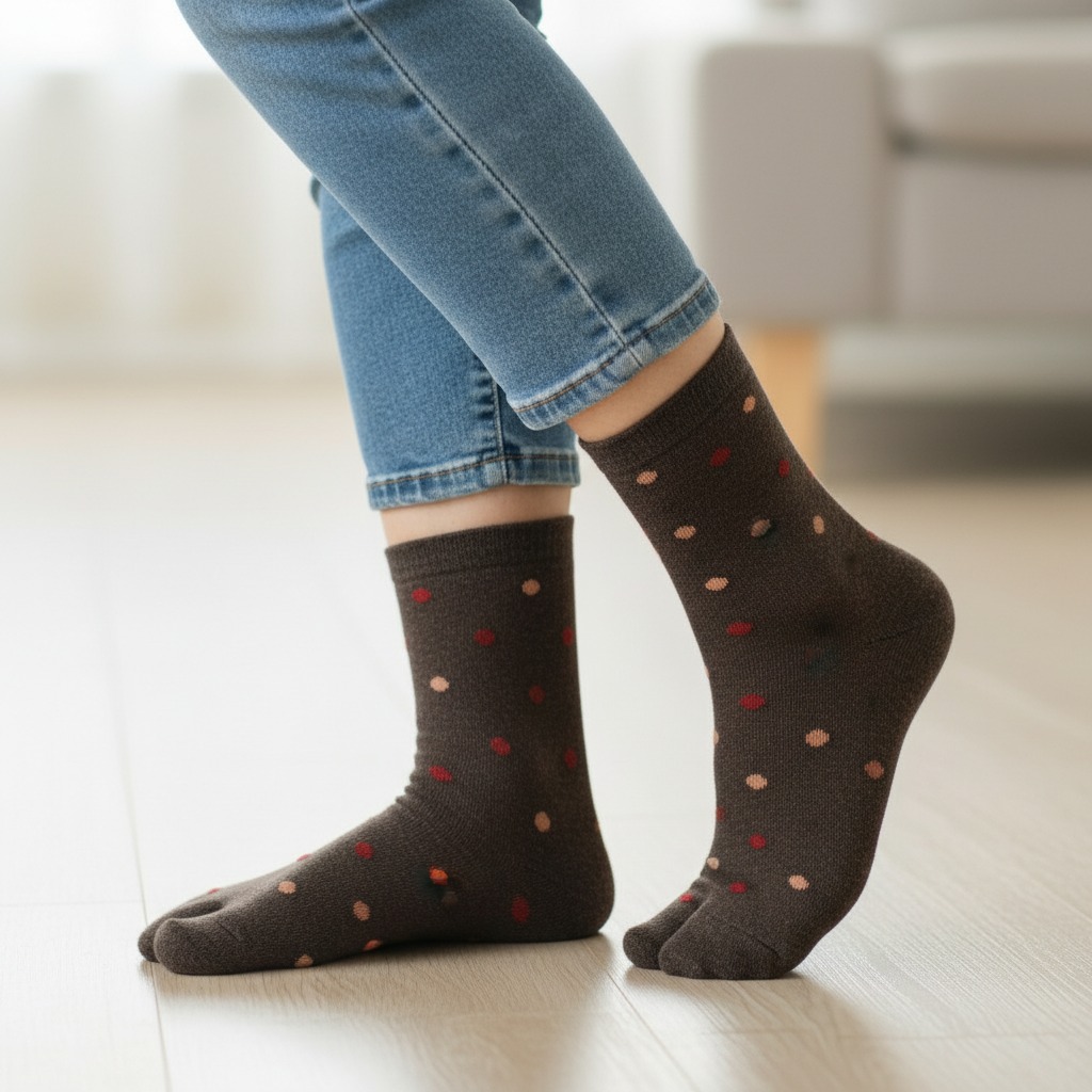 Brown Woolen Thumb Toe Socks with Polka Dot Pattern | Crew-Length Soft Knit Socks