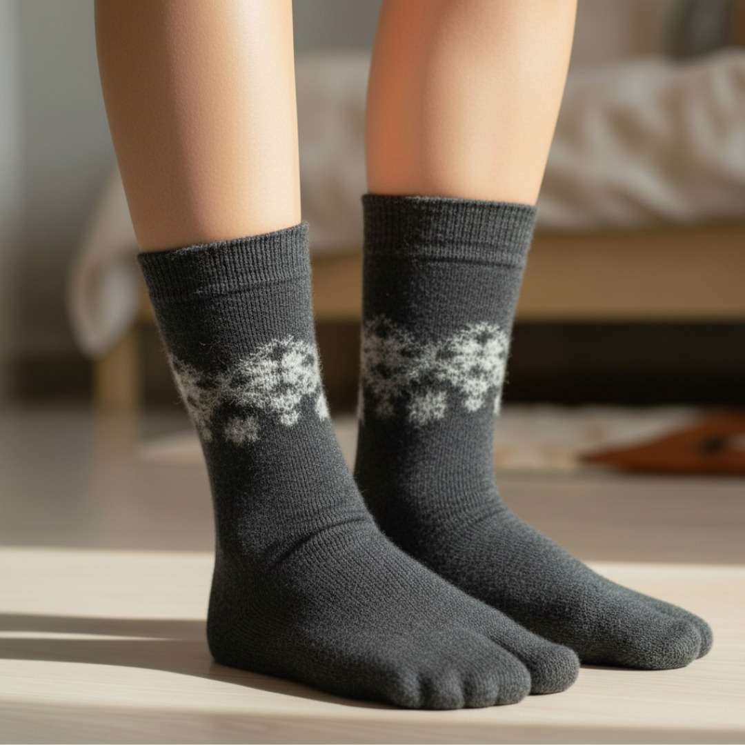 Charcoal Grey Woolen Thumb-Toe Socks with Nordic Pattern | Crew Length Soft Knit Socks - Image 3