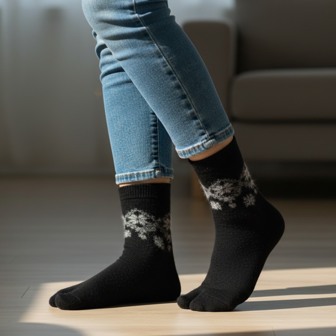 Black Woolen Thumb-Toe Socks with Snowflake Pattern | Crew Length Soft Knit Socks