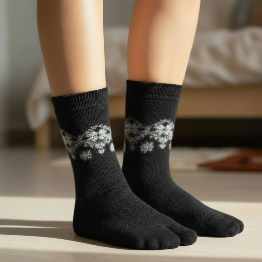 Black Woolen Thumb-Toe Socks with Snowflake Pattern | Crew Length Soft Knit Socks - Image 2