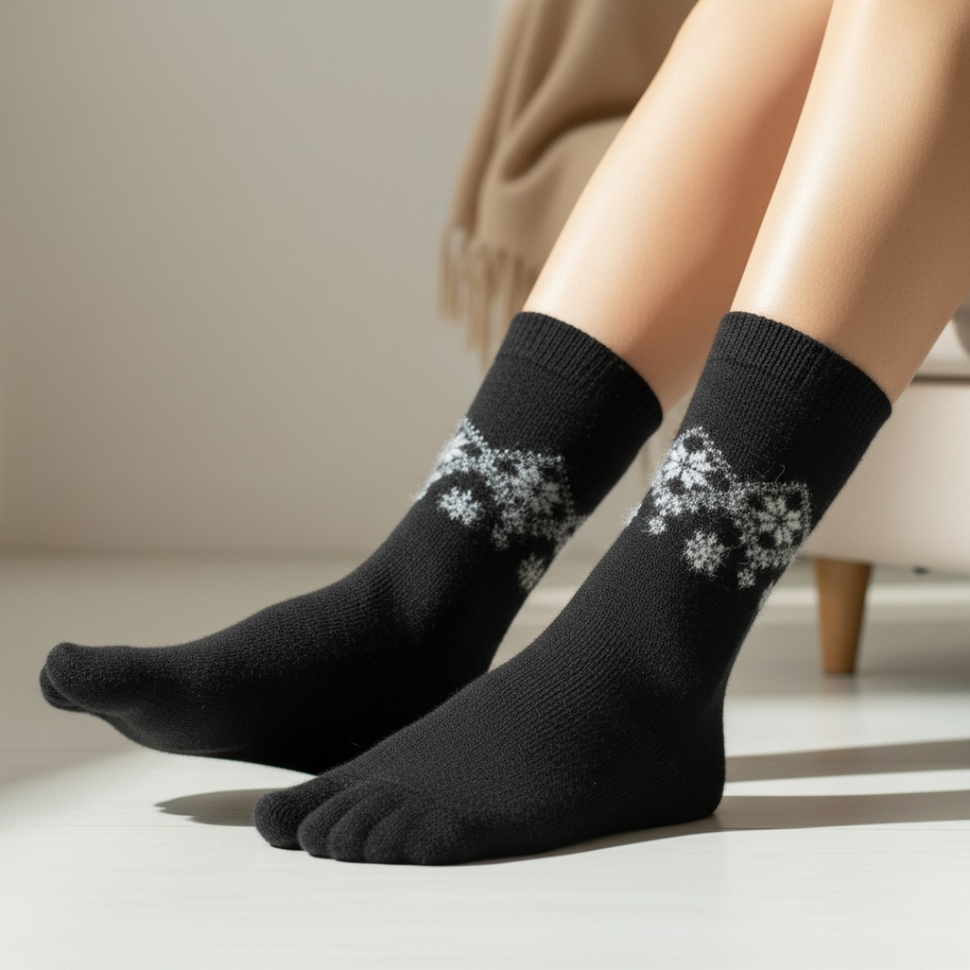 Black Woolen Thumb-Toe Socks with Snowflake Pattern | Crew Length Soft Knit Socks - Image 4
