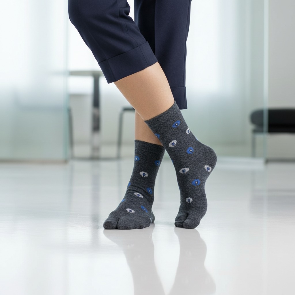 Charcoal Grey Woolen Thumb-Toe Socks with Blue & White Dot Motif | Crew Length - Image 3