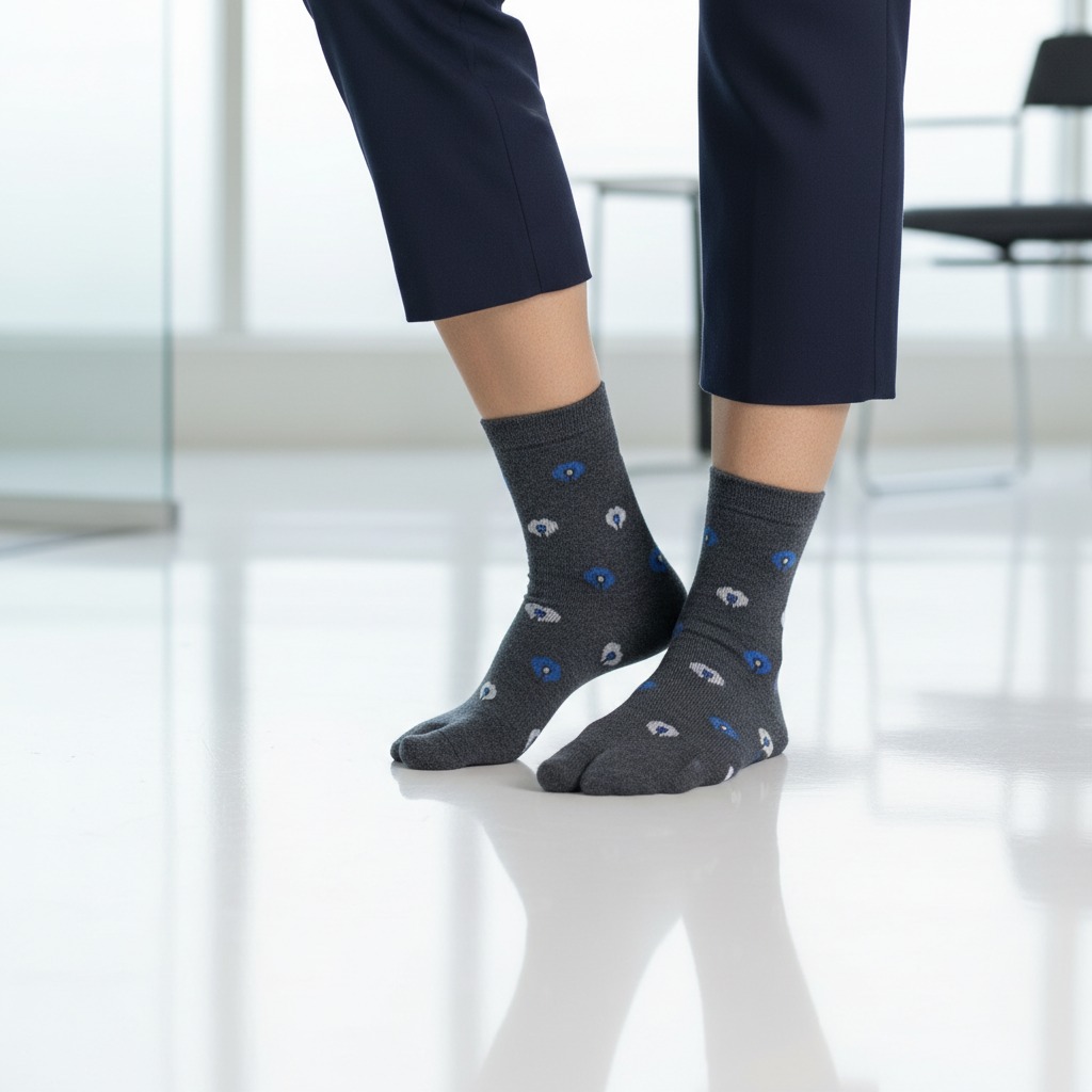 Charcoal Grey Woolen Thumb-Toe Socks with Blue & White Dot Motif | Crew Length