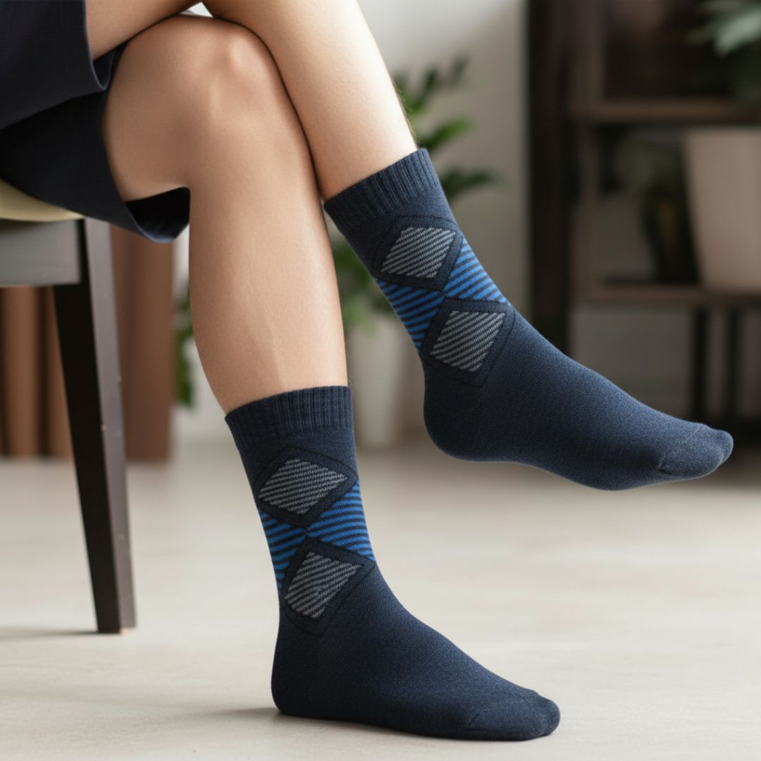 Navy Blue Woolen Winter Socks with Geometric Pattern | Crew Length - Image 3