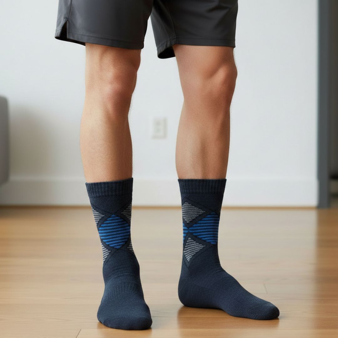 Navy Blue Woolen Winter Socks with Geometric Pattern | Crew Length - Image 2
