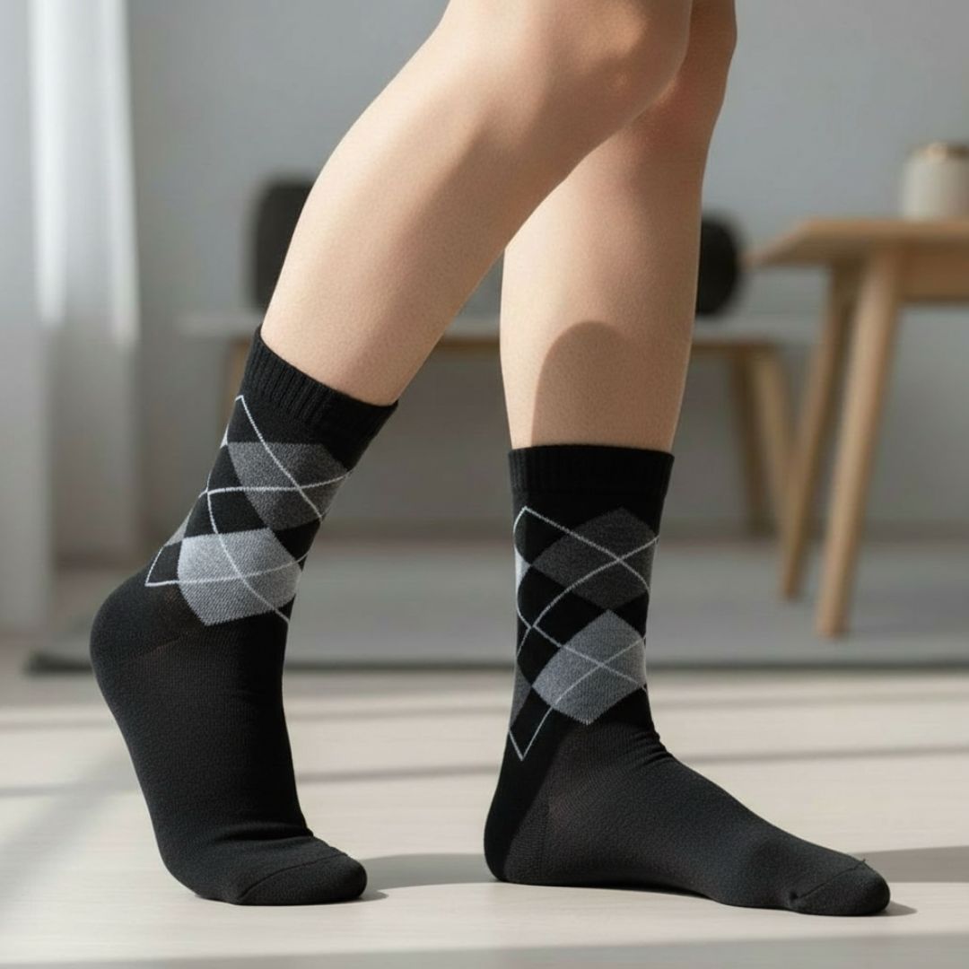 Black Woolen Winter Socks with Diamond Pattern | Crew Length
