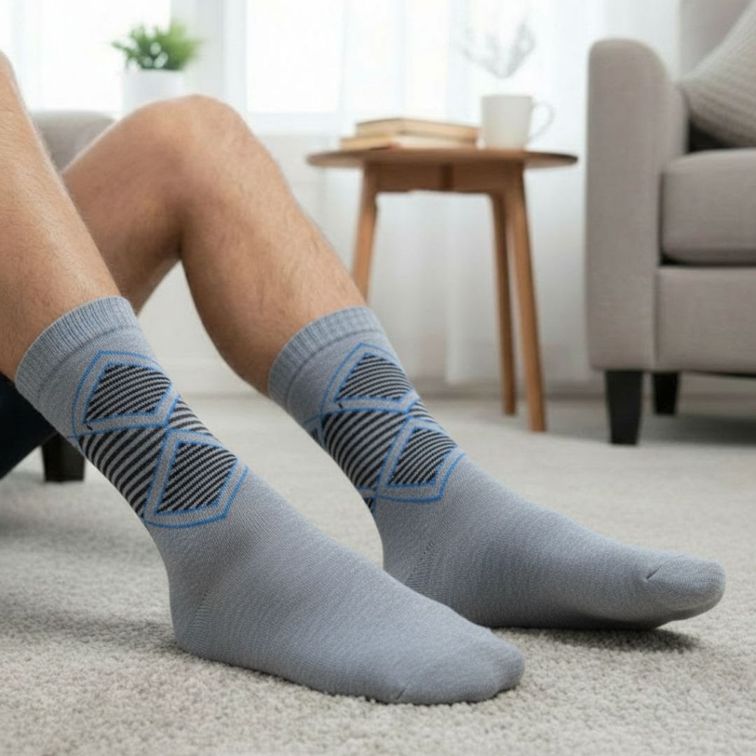Grey Woolen Winter Socks with Geometric Pattern | Crew Length - Image 3