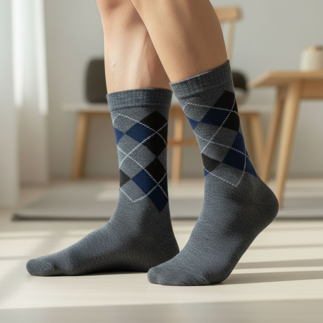 Grey Woolen Winter Socks with Argyle Pattern | Crew Length