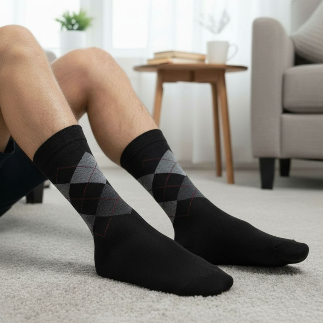 Black Woolen Winter Socks with Grey Argyle Pattern | Crew Length - Image 3