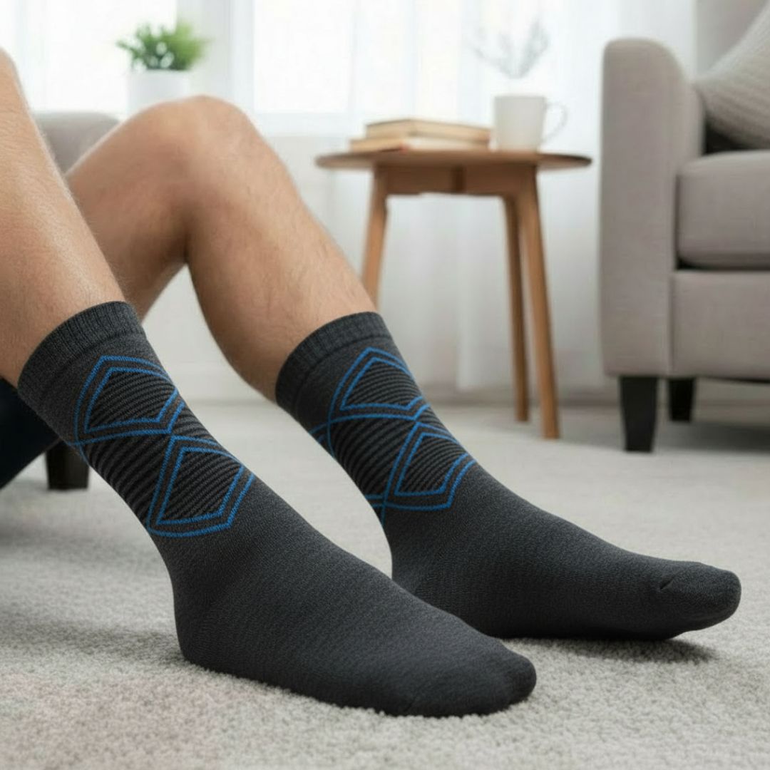 Charcoal Grey Woolen Winter Socks with Subtle Blue Diamond Pattern - Image 3
