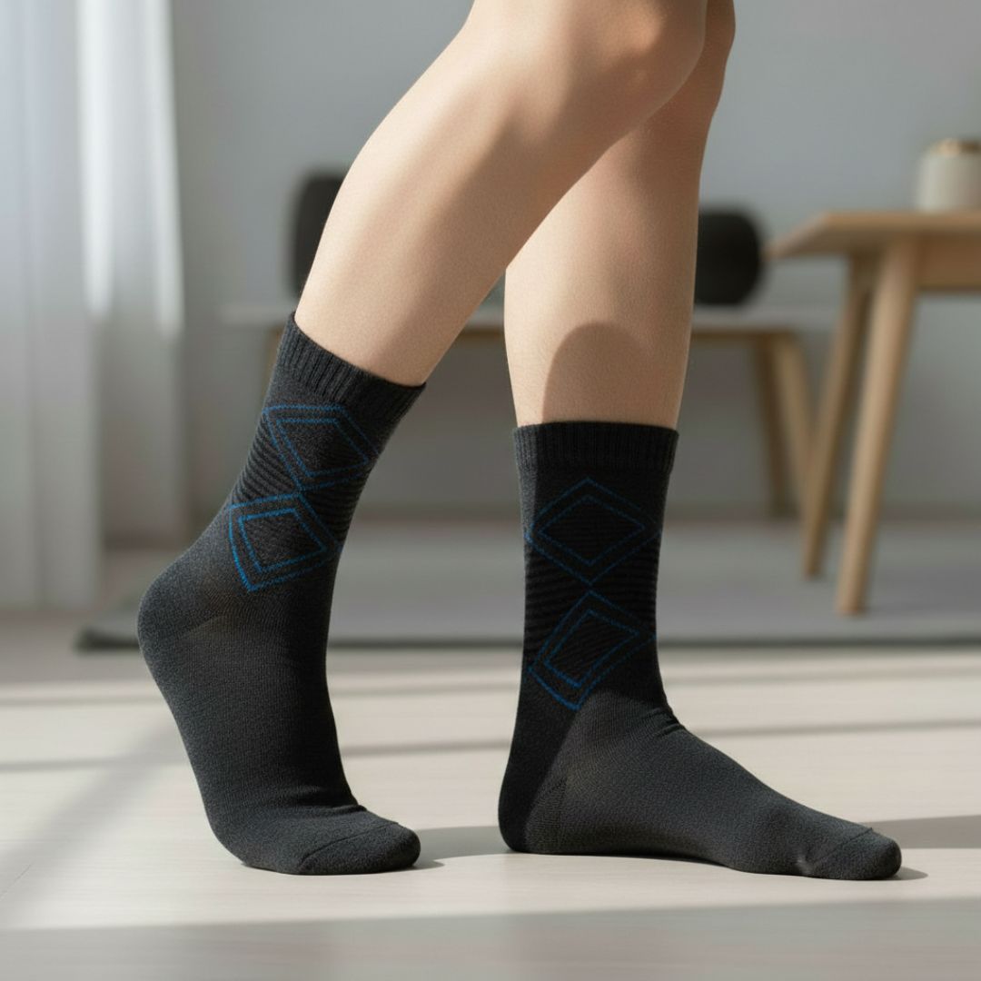 Charcoal Grey Woolen Winter Socks with Subtle Blue Diamond Pattern - Image 2