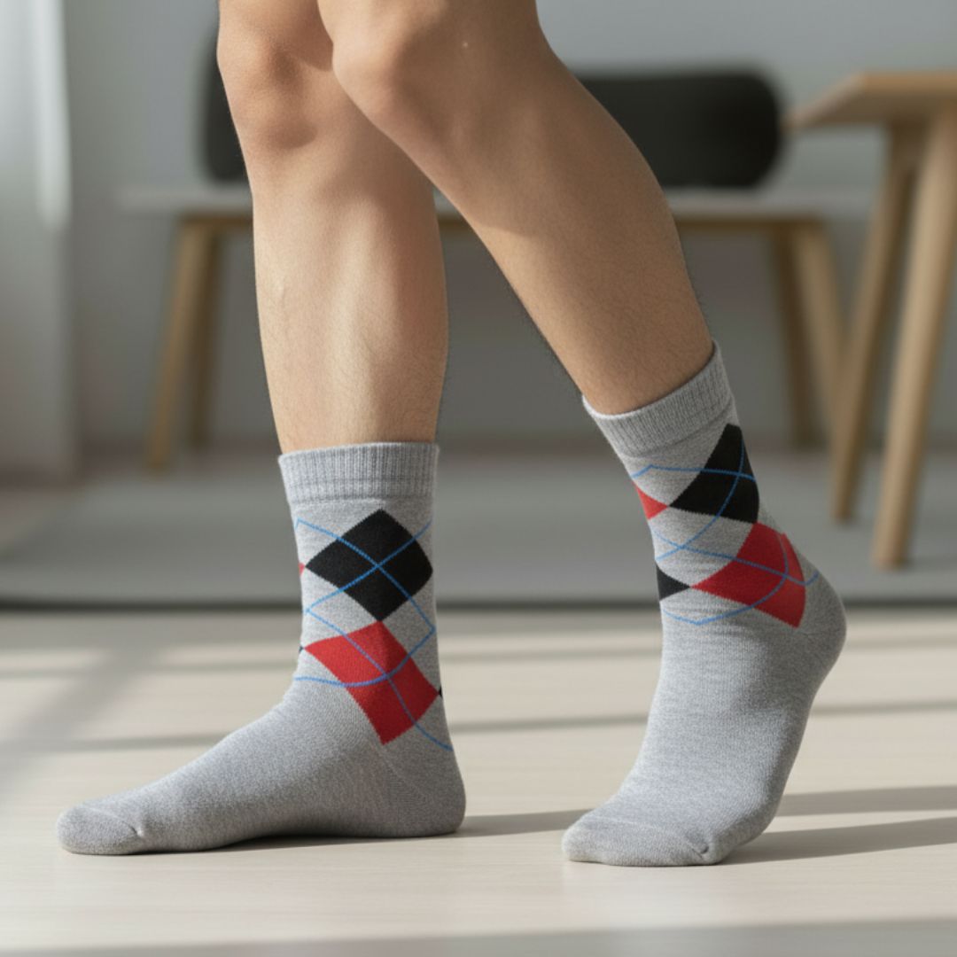 Grey Woolen Winter Socks with Red & Black Argyle Pattern