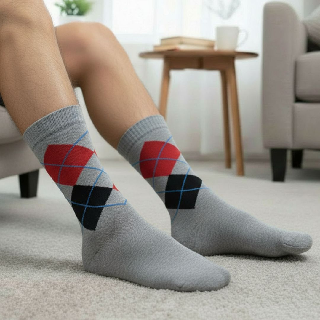 Grey Woolen Winter Socks with Red & Black Argyle Pattern - Image 3
