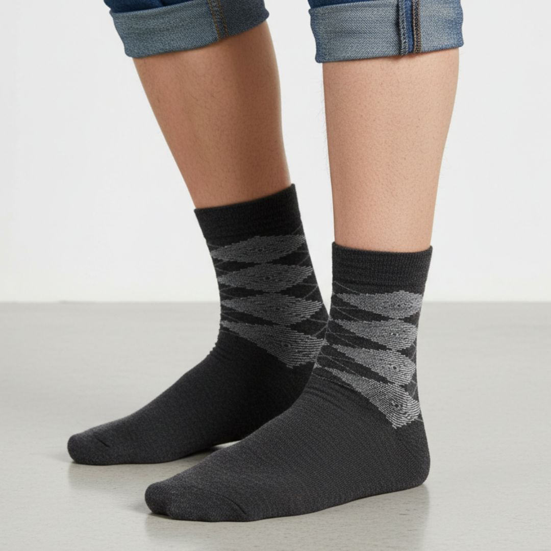 Dark Grey Cotton Ankle-Length Socks with Pattern | Casual Wear