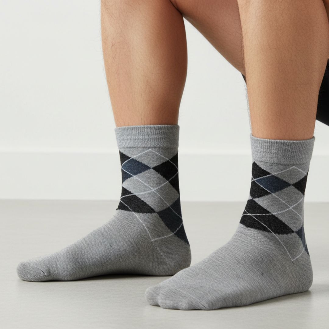 Grey Cotton Ankle-Length Socks with Argyle Pattern | Casual Wear