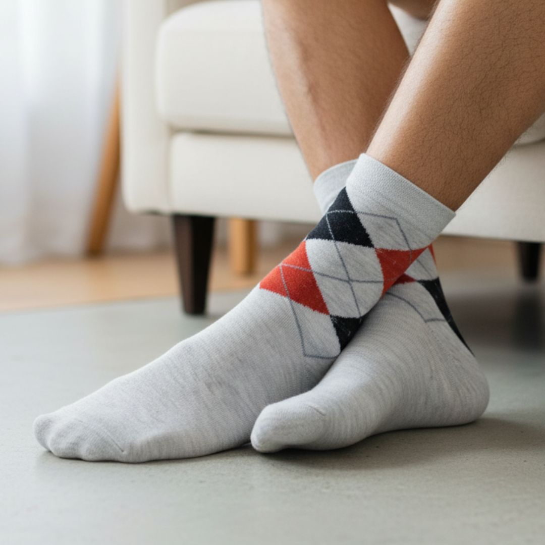 Light Grey Cotton Ankle-Length Socks with Argyle Design | Casual Wear - Image 3