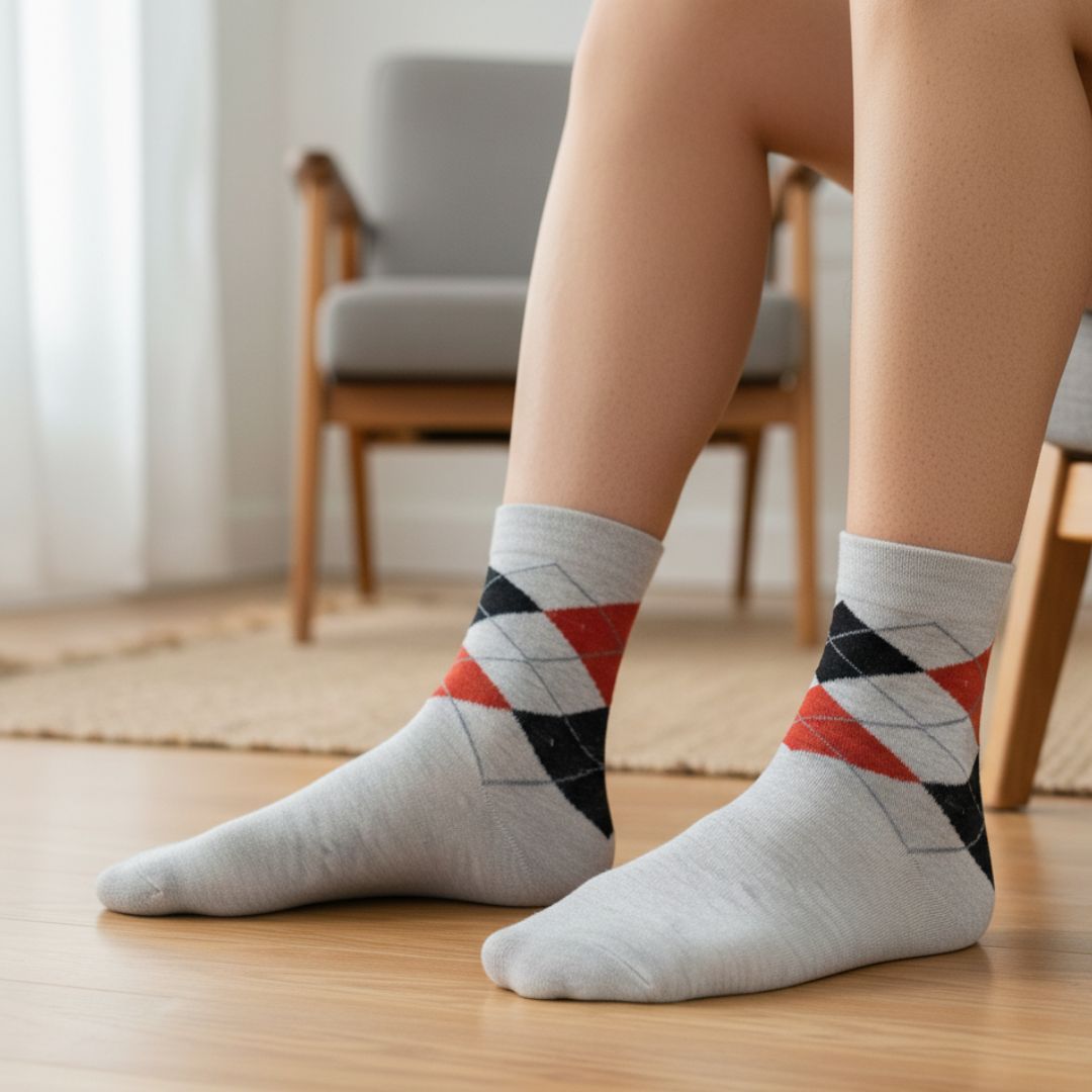 Light Grey Cotton Ankle-Length Socks with Argyle Design | Casual Wear