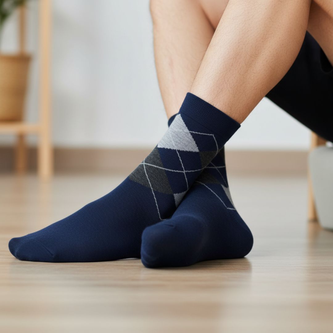 Navy Blue Cotton Ankle-Length Socks with Argyle Pattern - Image 3
