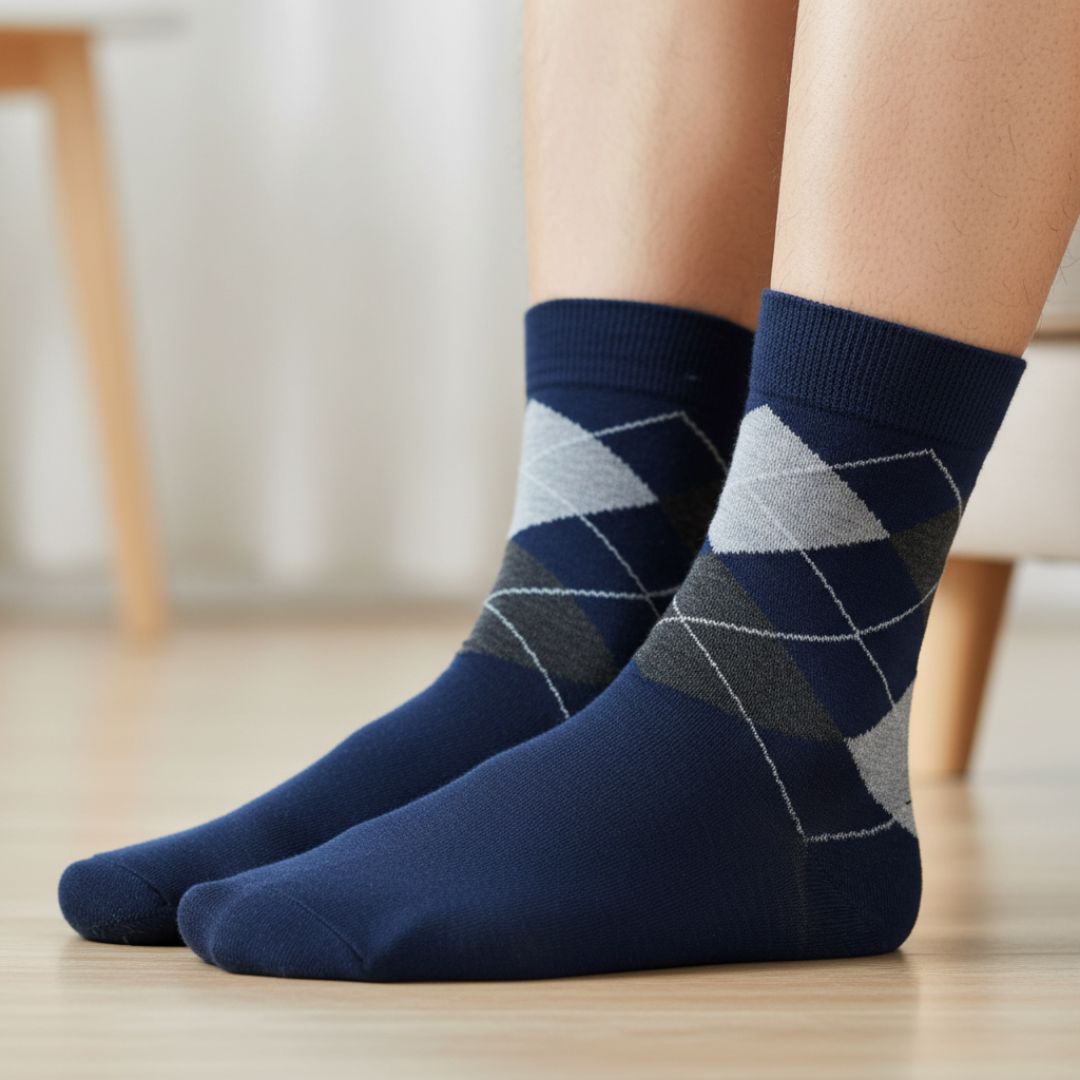 Navy Blue Cotton Ankle-Length Socks with Argyle Pattern - Image 2